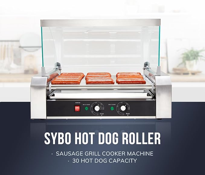 SYBO Hot Dog Roller, 30 Hot Dogs 11 Rollers Grill Cooker Machine with Removable Stainless Steel Drip Tray and Glass Hood Cover, 1430-Watts, Perfect for Commercial And Party