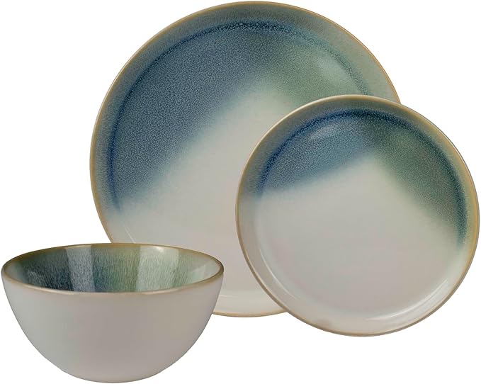 Sango 12 Pieces Stoneware Dinnerware Set, Glossy Blue, Green & White Dishes for 4, Premium Plates and Bowls Sets, Chip Resistant, Ceramic Kitchen Dish Set, Microwave & Dishwasher Safe, Color Block