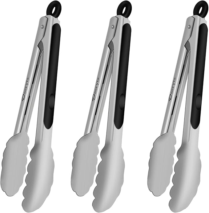 Small Cooking Tong Set of 3 - Mini 7 Inch Stainless Steel Locking Tongs, Heat Resistant to 600째F, Food Grade Kitchen Metal Tong for Food, Salad, Pasta, Steaks, Vegetables - Dishwasher Safe