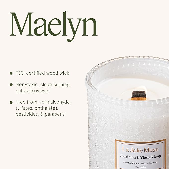 LA JOLIE MUSE Gardenia & Ylang Ylang Scented Candle ??Ylang, Tuberose, Orange Blossom |19 oz Large Wooden Wick Candle | Natural Soy Wax | 90 Hours Clean Burn | Gift-Ready for Hosts
