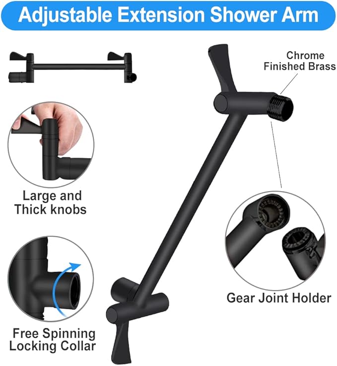 Shower Head, Kaqinu 10'' High Pressure Rainfall Shower Head/Handheld Showerhead Combo with 11??Extension Arm, Anti-leak Shower Head with Holder/Hose, Flow Regulator - Matt Black
