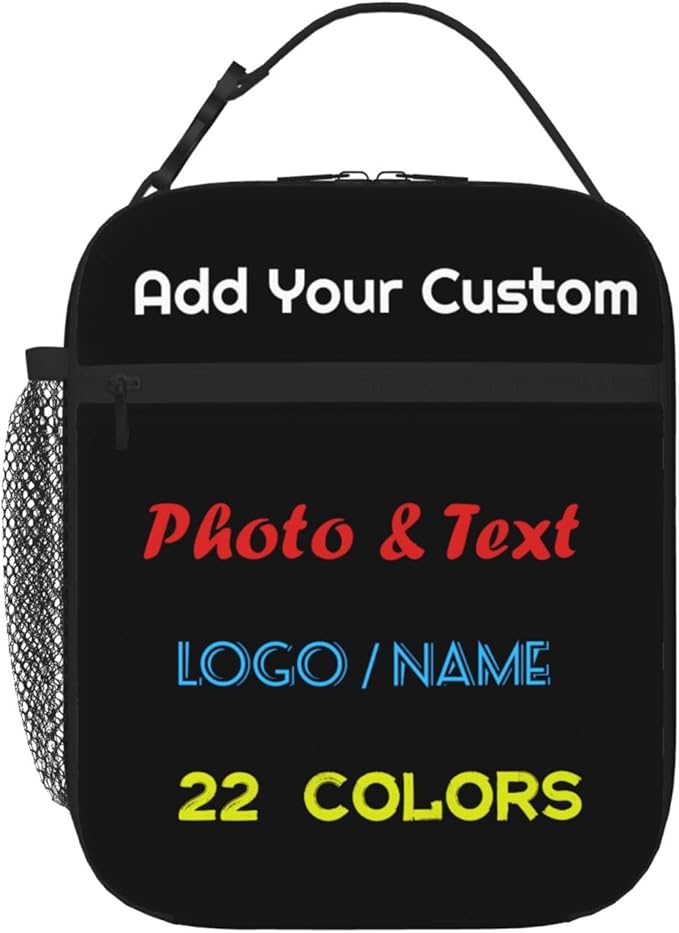 Customized Lunch Box with Photo/Name Personalized Insulated Lunch Bag for Teens Kids Adults Boys Girls Women Men, Design Your Own Lunchbox, Portable Meal Bag with Water Bottle Holder and Handle