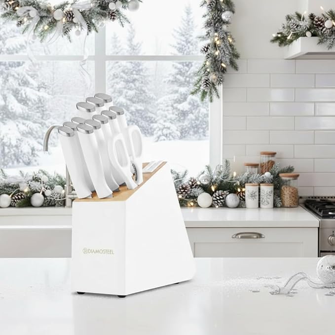 White Knife Set, 13 Pieces Knife Block Set with Built-in Sharpener Scissors for Kitchen Meat & Vegetable Cutting, Dishwasher Safe Knives Set Present for Family & Restaurant