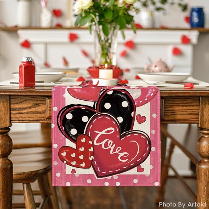 Artoid Mode Pink Polka Dot Heart Love Table Runner, Anniversary Wedding Kitchen Dining Table Decoration for Home Party Decor 13x72 Inch