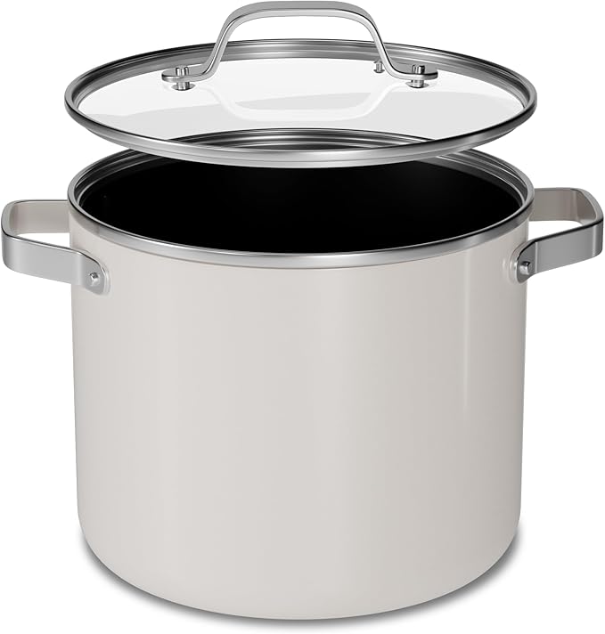 Bakken 8.5 Quart Ceramic Coated Stock Pot with Lid, Easy Clean Nonstick Pot, Tempered Glass Lid, Riveted Stainless Steel Handles, Oven Safe Up To 500째F, PTFE & PFAS Free, All Stove Compatible, Cream