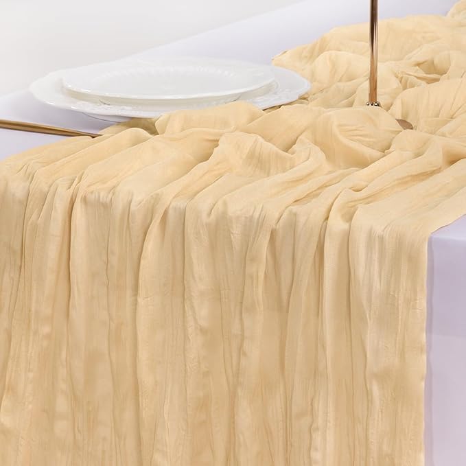 Socomi 3pcs Gold Champagne Cheesecloth Table Runner Valentine's Day Boho Rustic Gauze 120 inch 10FT Cheese Cloth Runner for Wedding Party Baby Shower Birthday Home Decor Holiday Decorations