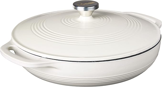 Lodge 3.6 Quart Enameled Cast Iron Oval Casserole With Lid??Dual Handles ??Oven Safe up to 500째 F or on Stovetop - Use to Marinate, Cook, Bake, Refrigerate and Serve ??Oyster White