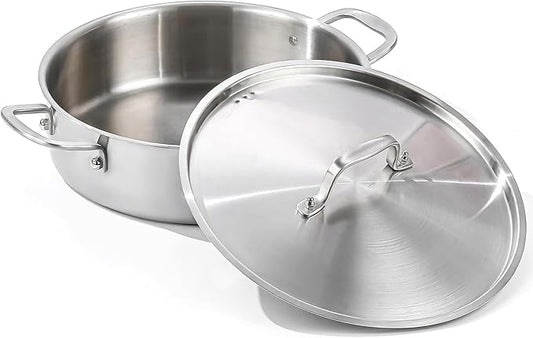 DELARLO Tri-Ply Stainless Steel 5 Quart Braiser Pan with Lid Induction Rondeau Pot With Lid 12inch Deep Frying Pan Large Saute Pan Heavy Duty Style Compatible With All Cooktops Up to 650℉
