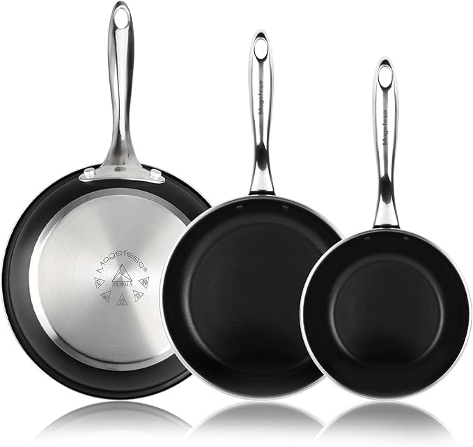 Magefesa Prisma Frying Pan Set, 7.9", 9.4" & 11", 18/10 Stainless Steel, Triple-Layer Nonstick, Works on All Stovetops Including Induction, Oven Safe to 392째F, Dishwasher Safe, Durable Skillets
