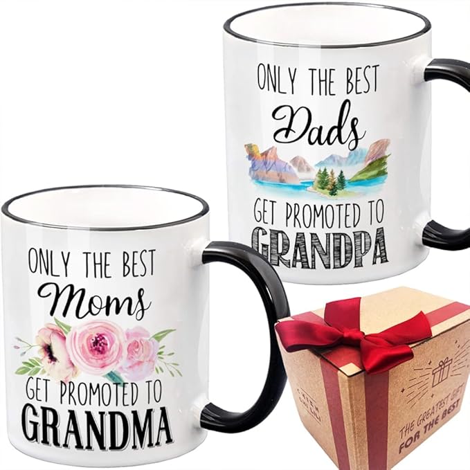 Only the Best Mom Dad Get Promoted to Grandma and Grandpa Mug Set 11oz, Pregnancy announcement Gifts, Birthday Christmas Thanksgiving Day Grandparent Mug Set of 2 Shot Mugs (Black)