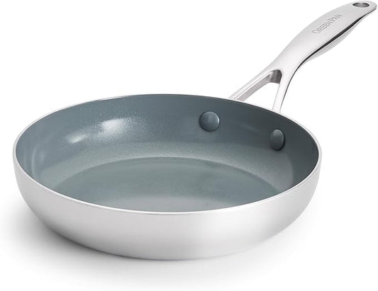 GreenPan Valencia Pro Stainless Steel 8??Frying Pan Skillet, Induction Suitable Mirrored Tri-Ply, Ceramic Nonstick PFAS-Free, Multi Clad Cookware, Dishwasher Oven & Broiler Safe