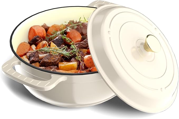 Bonnlo 6QT Round Dutch Oven, Enameled Cast Iron Dutch Oven Pot with Lid & Dual Handles, Oven Safe Up to 500째 F, for Sourdough, Bread Baking, Stews and Roasting, White