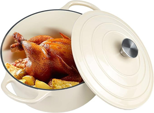 Miereirl 6 Quart Enameled Dutch Oven Pot with Lid, Cast Iron Dutch Oven with Dual Handles for Bread Baking, Cooking, Non-stick Enamel Coated Cookware (Beige)