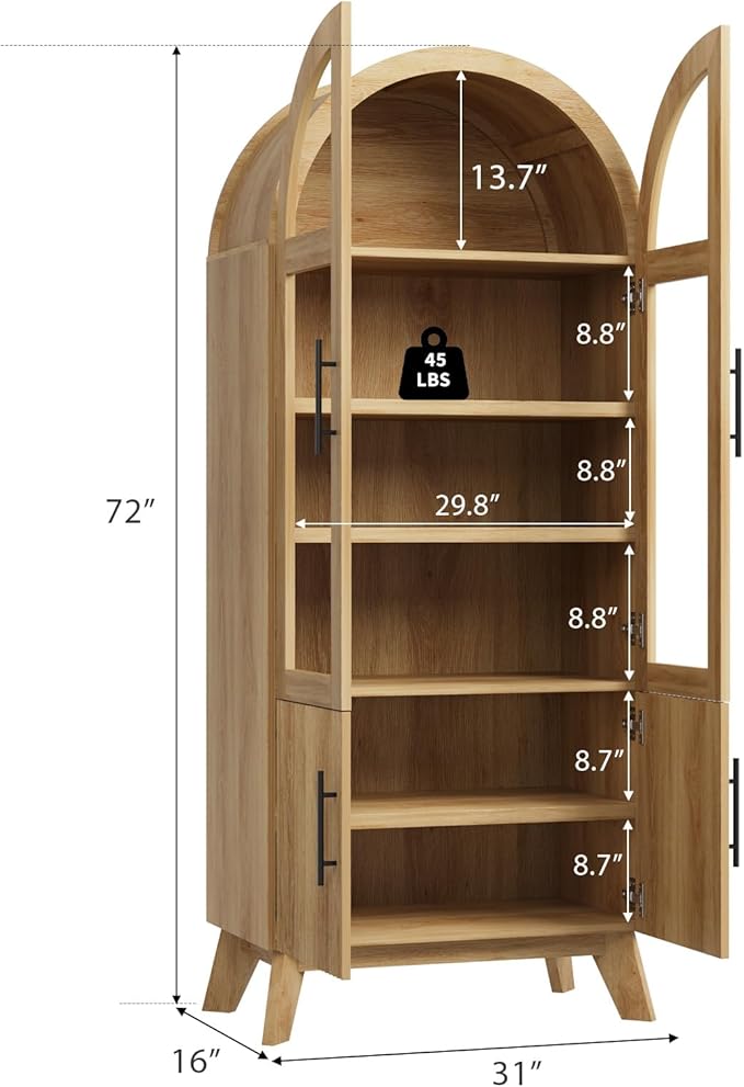 QUW 71" Tall Arched Kitchen Pantry Cabinet, Modern Fluted Display Cabinet with Glass Door & Adjustable Shelves, Storage Cabinet for Kitchen, Living Room, Dining Room, Bathroom, Natural Oak