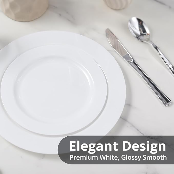 100 Pack White Plastic Plates Disposable, 10.25" & 7.5" Heavy Duty Shatterproof Plates for Large Party, Wedding, Catering (50 Large & 50 Small)