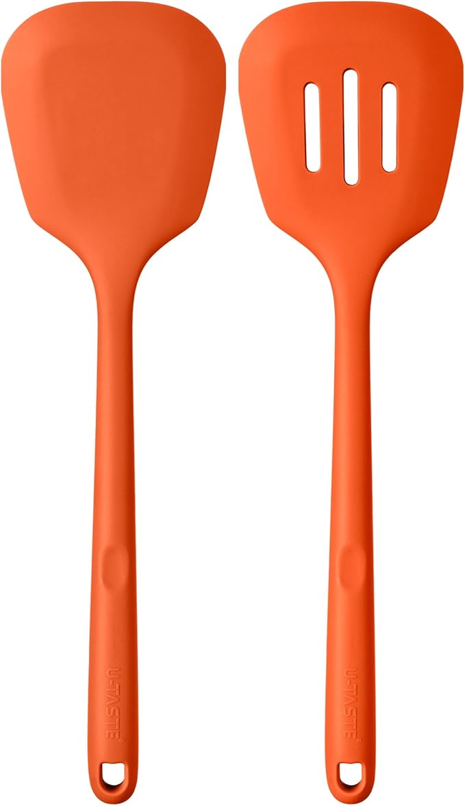 600쨘F Heat Resistant Silicone Turners: U-Taste 13.6in Long Solid & Slotted Kitchen Spatula Flipper, Large Flexible Cooking Utensil for Flipping Egg, Pancake in Nonstick Cookware(Orange, 2PCS)