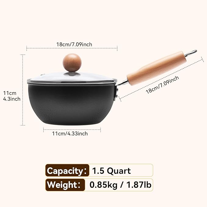 WANGYUANJI 7.1 Inch Hammered Iron Saucepan with Glass Lid, Removable Beechwood Handle, Small Milk Pot for Boiling, Simmering, Heating ??Non-Coated, Stovetop Compatible