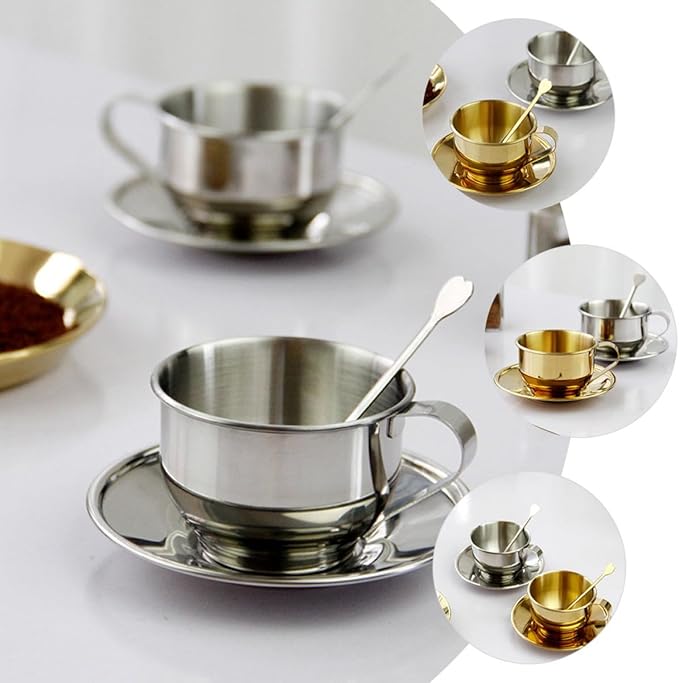 Stainless Steel Coffee Cup and Saucer Set Small Retro Metal Espresso Tea Cup with Spoon Silver Household Tea Set and Coffee Party