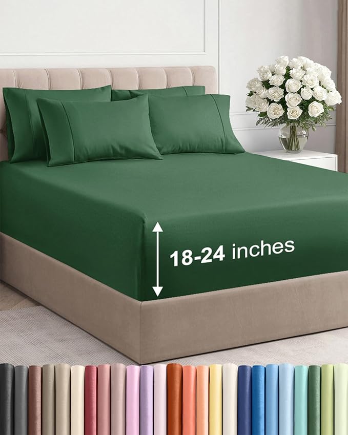 Extra Deep Cal King Sheet Set - 6 Piece Breathable & Cooling Sheets - Hotel Luxury Bed Sheets Set - Easy Fit - Soft, Wrinkle Free & Comfy Sheets Set - Emerald Green Sheet Set with Extra Deep Pockets