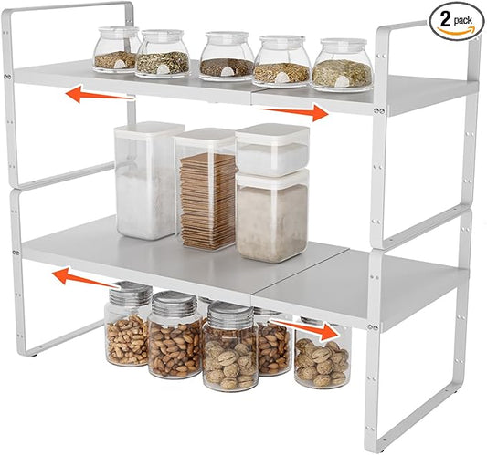 2Pack 16.5-27?쇺셂 Expandable Stackable Cabinet Shelves, Adjustable Spice Rack Cabinet Shelf Organizer for Kitchen, Countertop, Pantry and Cupboard, White