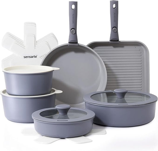 SENSARTE 17 Piece Ceramic Pots and Pans Set, Nonstick Detachable Handle Cookware, Induction Kitchen Cookware Set with Removable Handle, Dishwasher 竊?Oven Safe (Gray)
