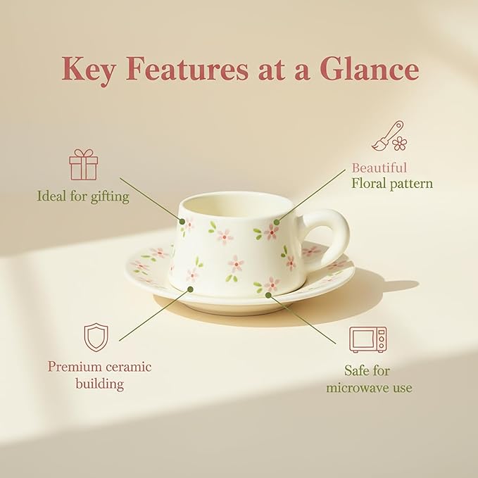 Tea Cup and Saucers, 9.5 oz Floral Tea Cups, Porcelain Teacup, Coffee Cappuccino Espresso Latte Mugs, Floral Design for Party Birthday Cafe Home, Christmas Gifting, flowers Set of 2