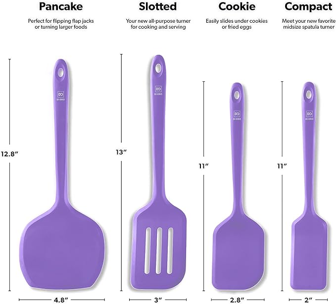 New DI ORO Silicone Turner Spatula Set - Kitchen Spatulas for Nonstick Cookware - Cooking Utensils for Flipping Eggs & Pancake - 600째F Heat-Resistant BPA Free Turners - Dishwasher Safe (4pc, Lavender)