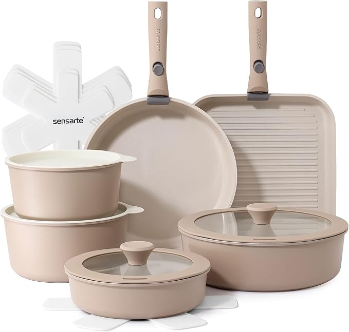 SENSARTE 17 Piece Ceramic Pots and Pans Set, Nonstick Detachable Handle Cookware, Induction Kitchen Cookware Set with Removable Handle, Dishwasher 竊?Oven Safe (Almond Beige)