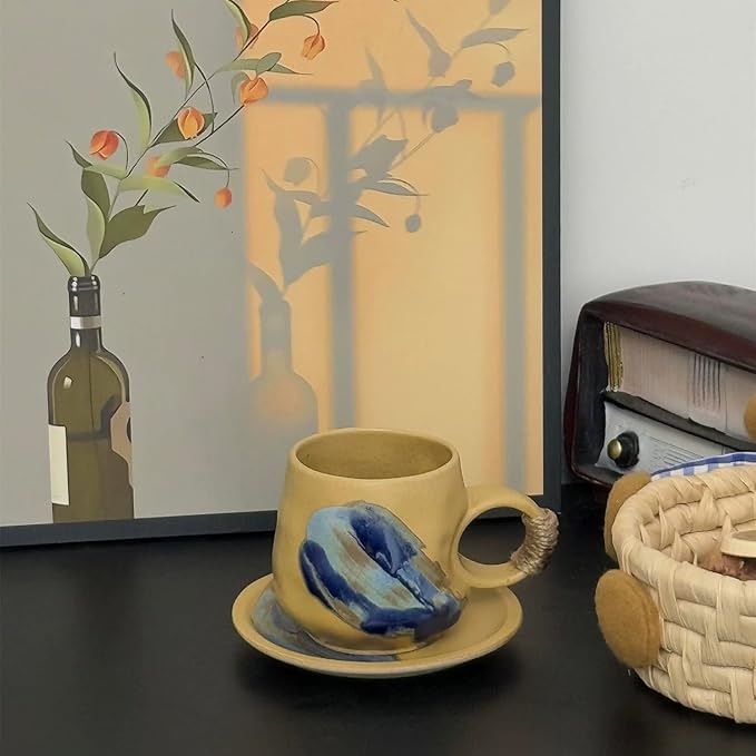 Small 8oz Unique Vintage Retro Japanese Handmade Ceramic Cappuccino Barista Cup with Saucer, Coffee Cup and Saucer, Artisanal Stoneware Coffee Mug, Lead-Free Latte Art Mug (1, Light brown)