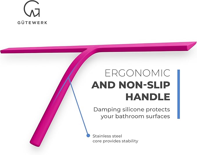 G횥TEWERK Shower Squeegee for Glass Doors, Silicone Window Squeegee, Bathroom and Glass Cleaning - Pink - 15 Inch