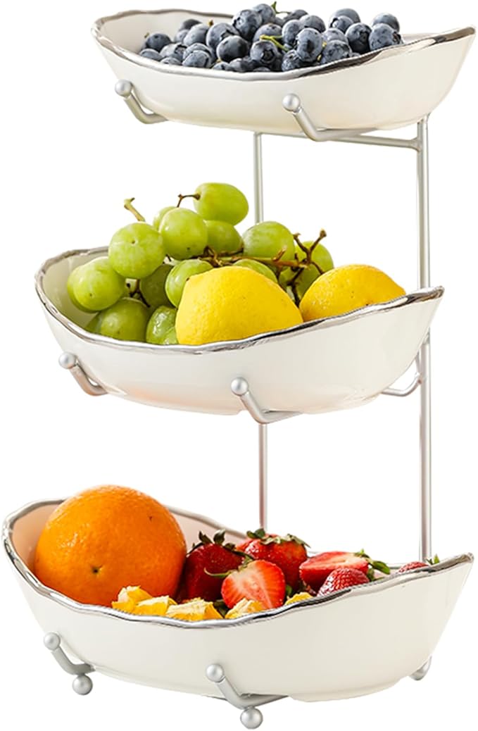 Ceramic Fruit Bowl for Kitchen Counter - 3 Tier Fruit Basket with Metal Stand, Tiered Fruit Stand for Countertop, Snack, Nuts, Cake, Dessert, Cute (Silver-rimmed, Small)