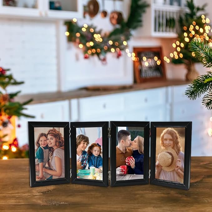 POILKMNI 4 Folding 4x6 Inch Hinged Picture Frame High Definition Natural Wood Picture Frame Rustic Desktop Acrylic Frame Family Photo Collage for Birthday Father's Day Christmas Family Lover Gift
