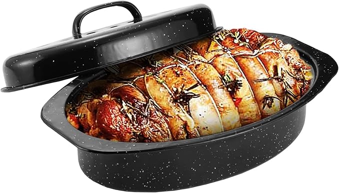 JY COOKMENT Granite Roaster Pan, Small 13??Enameled Roasting Pan with Domed Lid. Oval Turkey Roaster Pot, Broiler Pan Great for Small Chicken, Lamb. Dishwasher Safe Cookware Fit for 7Lb Bird