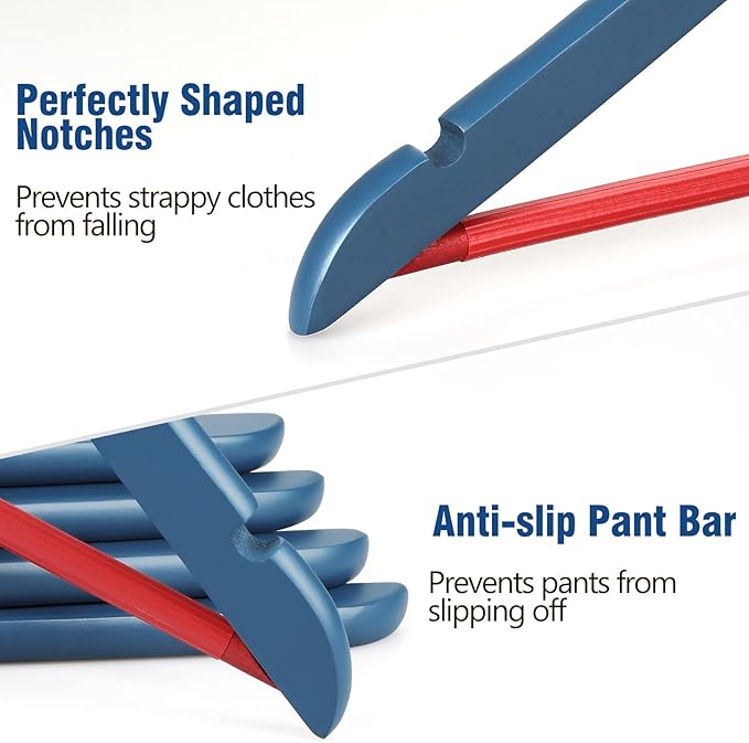 TOPIA HANGER Premium Wooden Hangers with Non-Slip Pant Bar, 360째Swivel Hook and Shoulder Notches, 16 Pack Solid Wood Clothes Hangers for Suit, Coat, Jacket, Camisole(Blue/Red)-CT35BR2