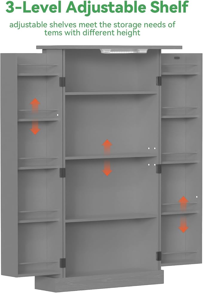 50" LED Kitchen Pantry Cabinet Grey Storage Cabinet Food Pantry with Doors and Adjustable Shelves Freestanding Buffet Cupboards Sideboard for Kitchen Living Room and Dinning Room