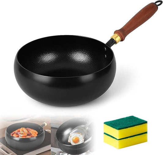 Usceshonn Iron Pot, Handmade Uncoated Thick Iron Wok with Wooden Lid, Japanese Hammered Large Belly Cooking Pan, Non-Stick Deep Stir Fry Pan for Gas & Open Flame (No lid, 11in)