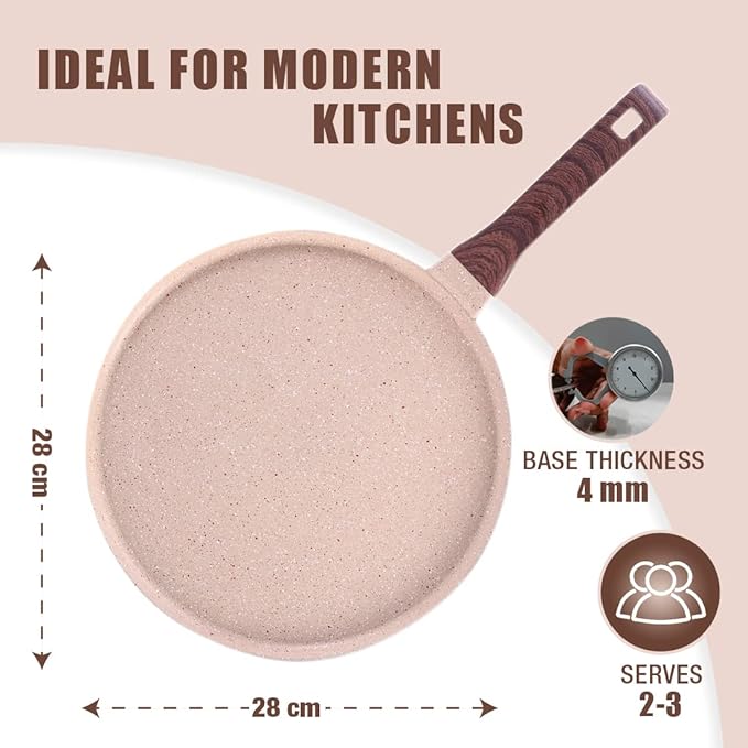 Wonderchef Duralife Die-cast 28 cm Dosa Tawa 5 Layer Healthy Duramax Non-Stick Coating Soft Touch Handle Pure Grade Aluminium PFOA Free 2 Year Medium Ivory
