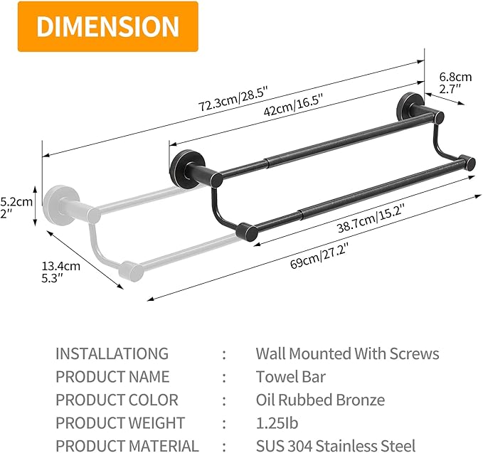 BESy Adjustable 16-26Inches Double Bath Towel Bar for Bathroom SUS304 Stainless Steel Towel Holder, Hotel Style Wall Mount with Screws Hand Towel Bar Towel Rack Rod Hanger, Oil Rubbed Bronze