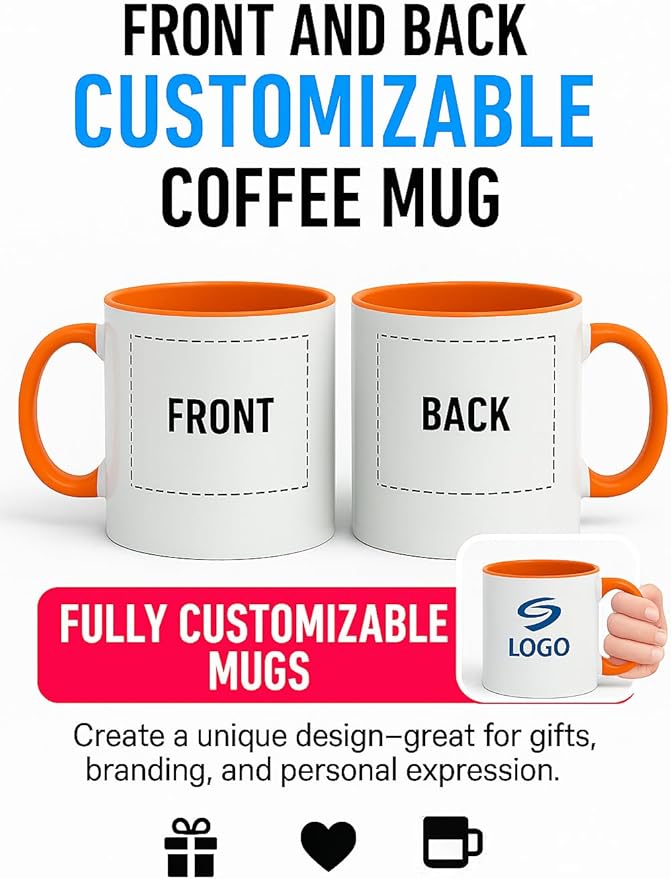Personalized Coffee Mug | Custom Photo, Text, or Logo Cup (11oz, Orange Rim, Inner, and Handle) |Dishwasher & Microwave Safe |Unique Gift for Men & Women ?밫aza Personalizada