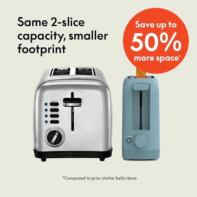 bella 2 Slice Slim Toaster, Fits-anywhere??Kitchenware, 6 Setting Shade Control with Reheat & Cancel Buttons, Fits Sourdough, 10??Long Slot, Anti Jam & Auto Shutoff, 900 Watt, Surf