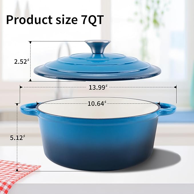 Enameled Cast Iron Dutch Oven Pot with Lid Heavy-Duty Cookware for Bread Baking,Braising,Stews,Roasting,Oven Safe up to 500째F,7QT,blue