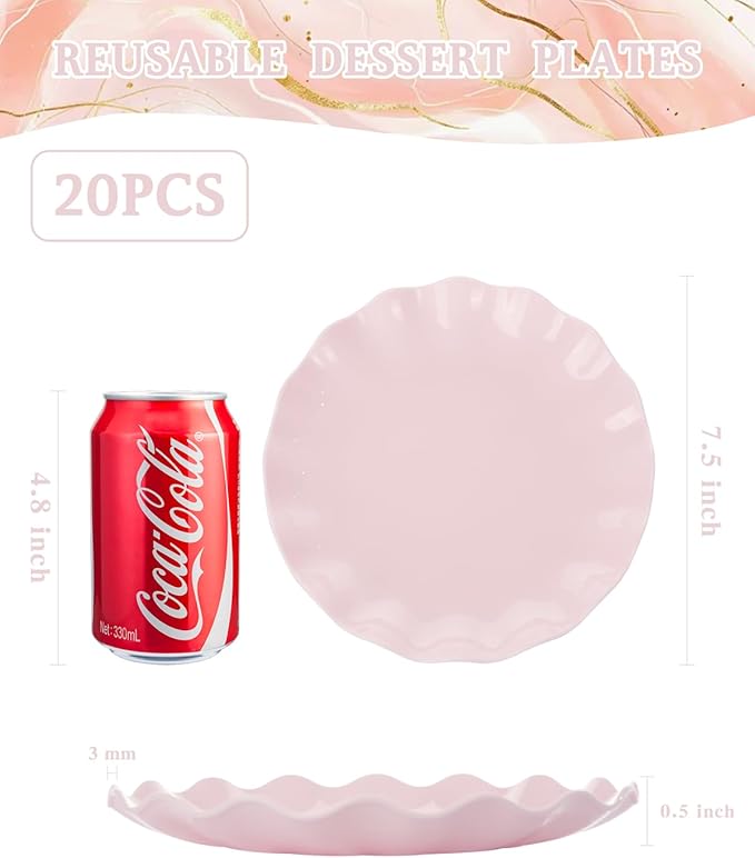 LIYH 20 Pcs 7.5 Inch Pink Scalloped Plastic Plates Reusable - Unbreakable Plastic Cake Dessert Plates for Weddings Party Outdoor Picnics Dishwasher Safe BPA Free (20Guests)