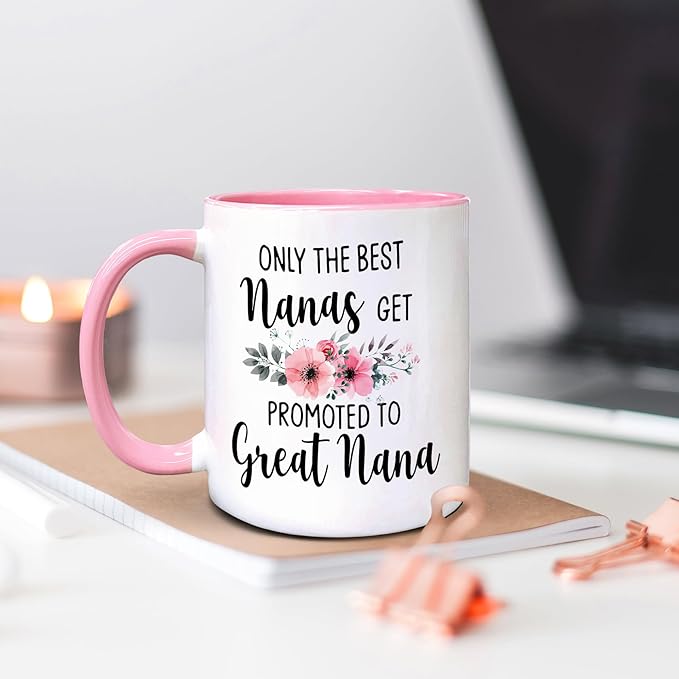 QASHWEY Nana Gifts Coffee Mug, Only the Best Nanas Get Promoted to Great Nana Coffee Cups Ceramic 11oz, NanaBirthday Gifts for Women, Grandma Gifts from Grandchildren Ceramic Tea Cup 11 Ounce(Pink)