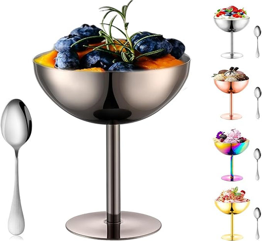 Ice Cream Bowls Stainless Steel Dessert Cups with Spoons Reusable Footed Sundae Cups Ice Cream Cups for Dessert, Frozen Yogurt, Gelato, Birthday Party Decorations (1, Black)