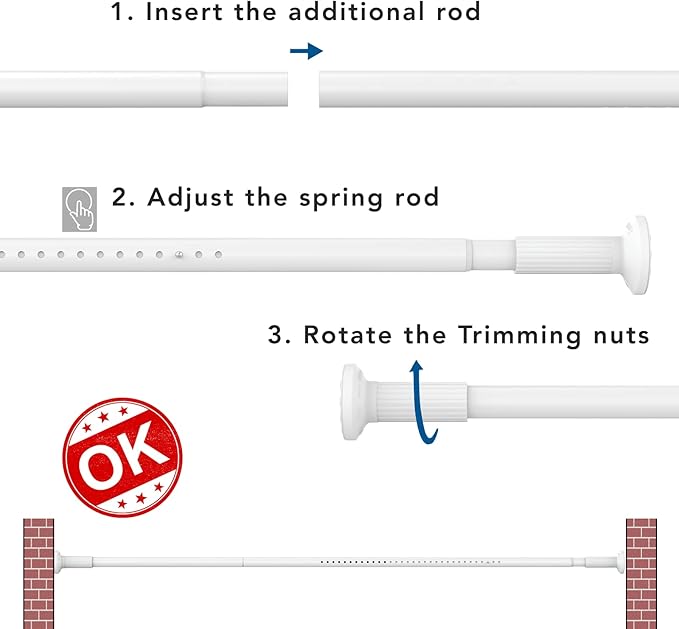 Umimile Tension Curtain Rod, 51-145 inches Adjustable Spring Shower Tension Curtain Rod, Stainless Steel Closet Rod for Windows or Shower, No Drilling, No Rust, Easy to Install, White