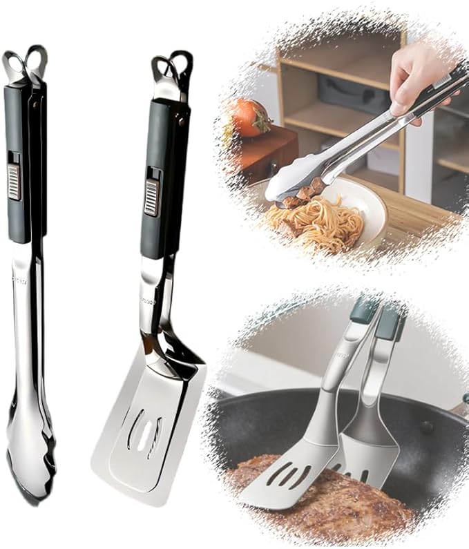 2-in-1 Stainless Steel Grill Clamp & Spatula Tongs ??Heavy Duty BBQ Cooking Utensil with Secure Sliding Lock Handle, for Grilling, Flipping, Serving ??Outdoor & Indoor Kitchen Tool Set (2 Pcs) (Green)