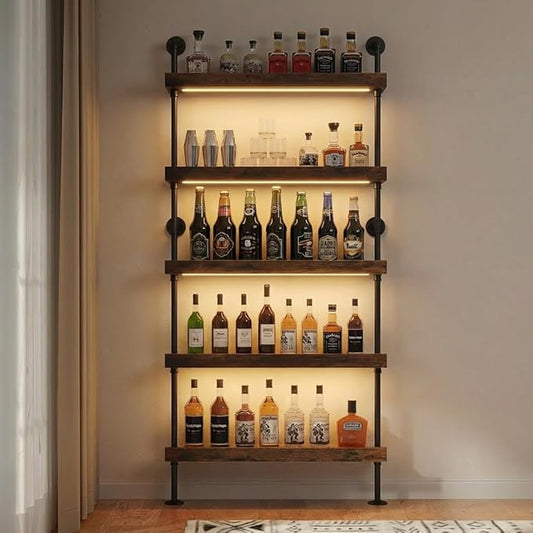 Wall Mounted Wine Rack 5-Tier with LED Lights, Holds 30+ Bottles, Metal Floating Bar Shelves, Liquor Bottle Display Organizer for Kitchen or Bar (40INCH-LED)