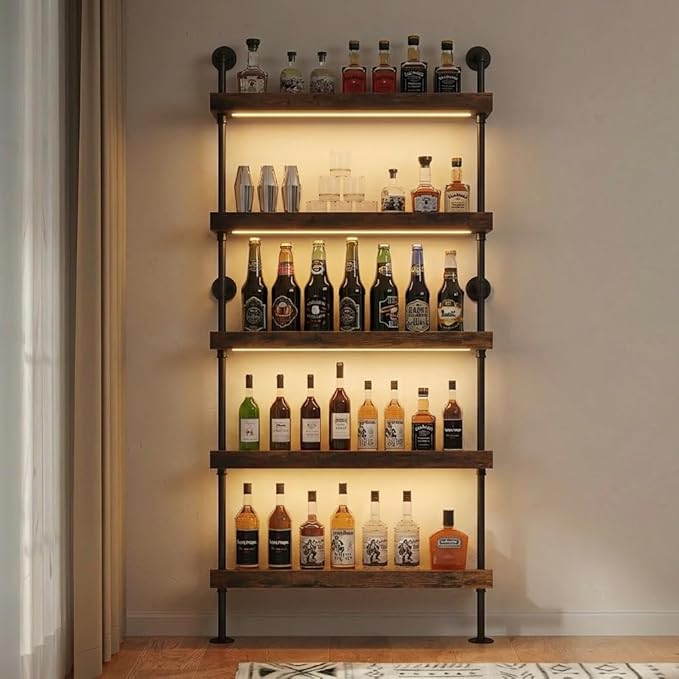 Wall Mounted Wine Rack with LED Light,5-Tiers Liquor Bottles Floating Shelves Display Storage Organizer for Home Bar & Dining Room (24INCH-LED)