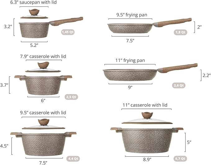 Pots and Pans set for cooking nonstick, 10Pcs, Durable Aluminum cookware set, PFOA-free, Kitchen pans set with glass lid, Induction safe, Taupe (10)