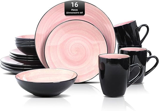 Stoneware Sonoma 16pc Dinnerware Set, Black + Speckled Spin Wash Rose